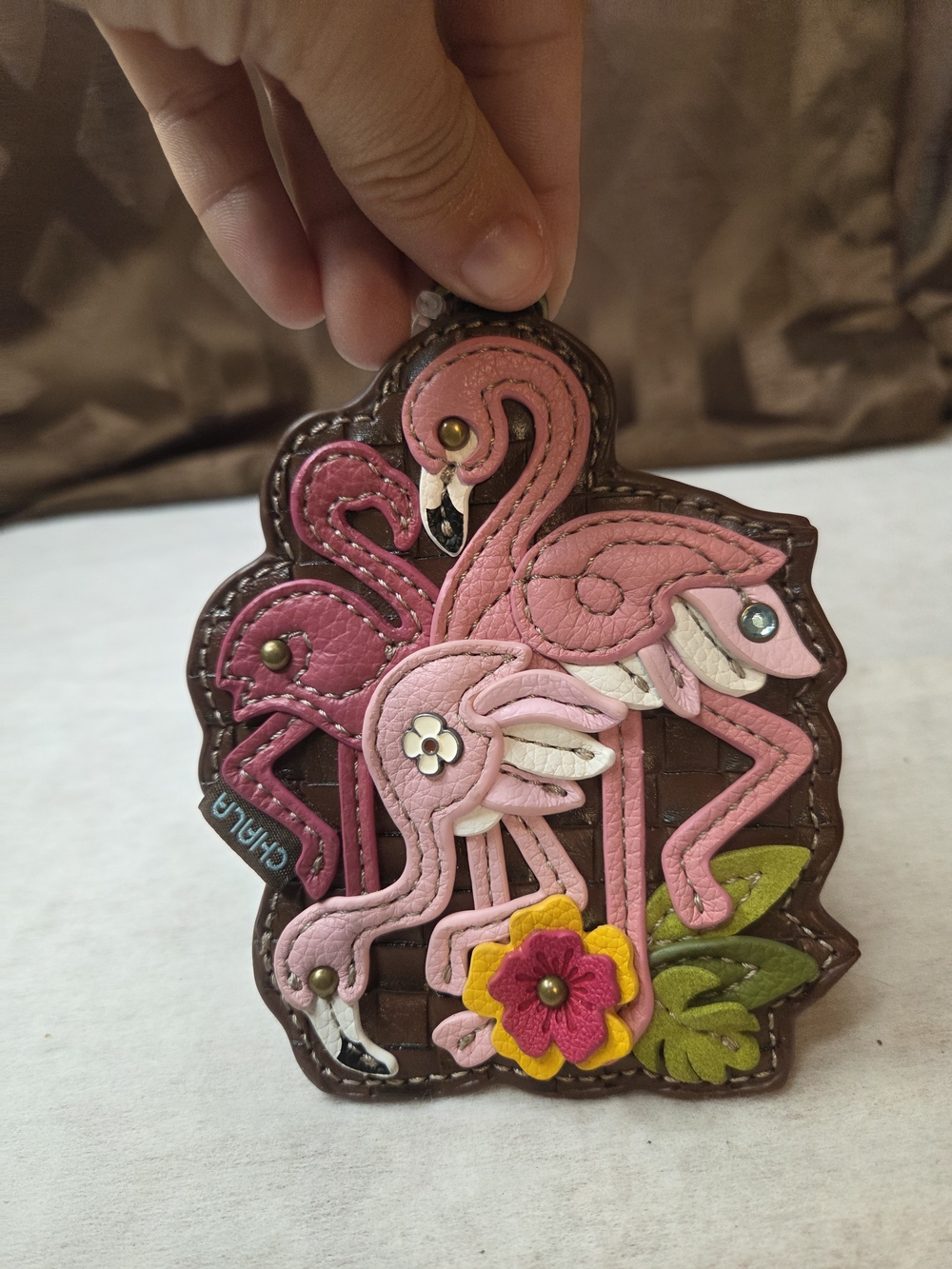 Chala Pink Flamingo Leather Bag Charm/Coin Purse with Floral Accent-NWT - Picture 2 of 7